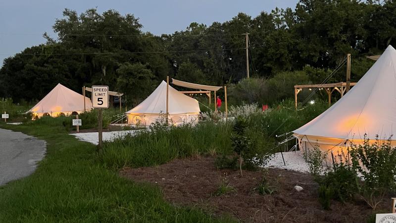 Three glamping pads at dusk.